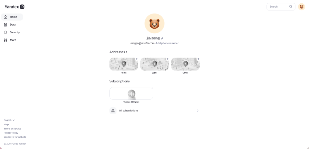 Yandex ID 注册成功个人主页